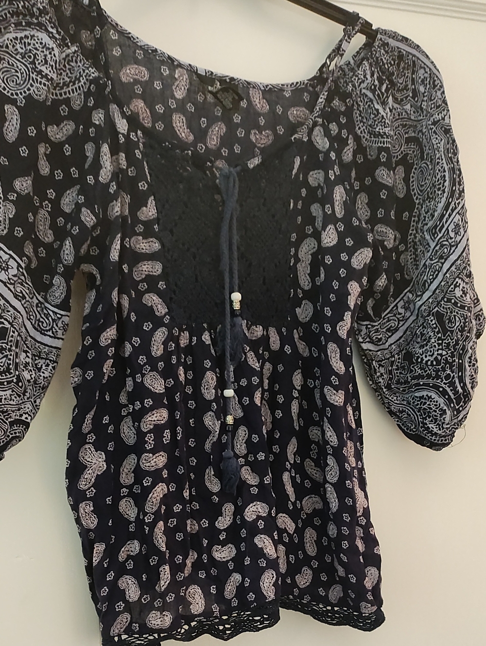 Angie Navy Paisley Crochet Yoke Peasant Blouse